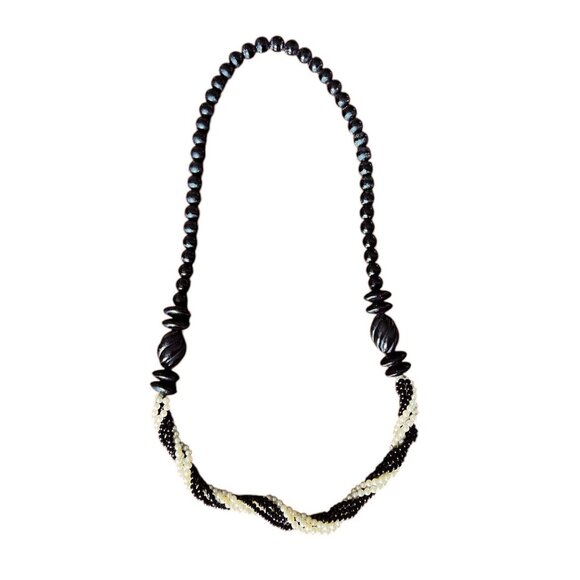 Black Stone & White Beaded Twisted Necklace With Large Black Accents Multistrand - Picture 1 of 6